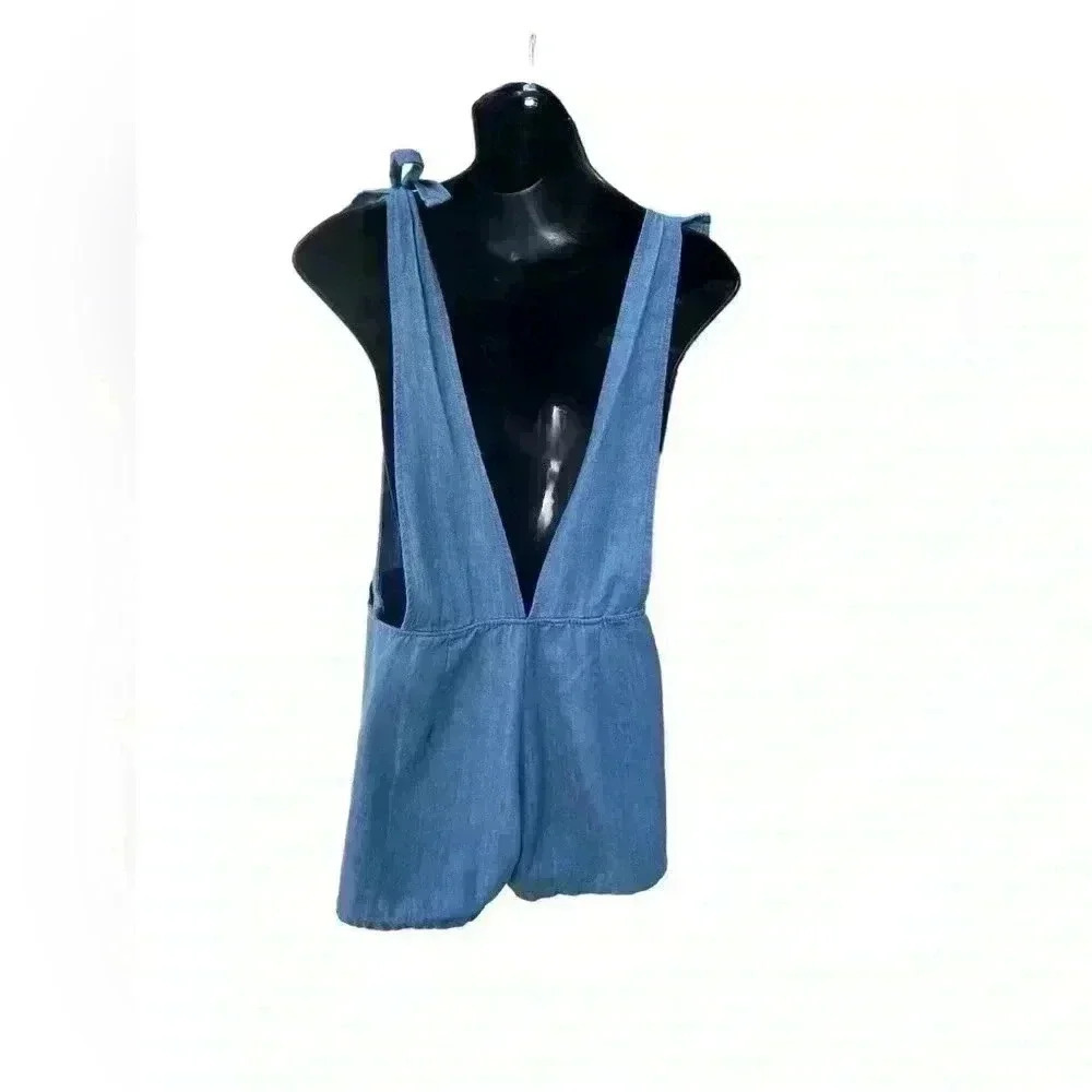 COZY Casual women’s denim romper front patch pockets tie up adjustable straps - Picture 4 of 6